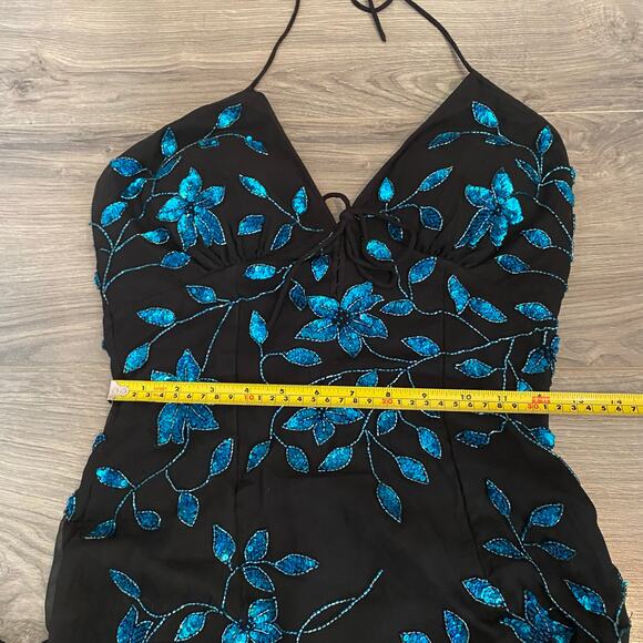 Cache Y2K Black Blue 100% Silk Beaded Floral Halter Midi Dress Women's size XS - Picture 11 of 12